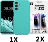 Casemania Hoesje Geschikt voor Samsung Galaxy A25 - Turquoise & 2X Glazen Screenprotector - Liquid Siliconen Back Cover