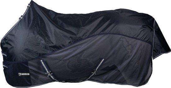 Horka vliegendeken in navy met reflecterende details en mesh panelen.