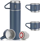 Thermosfles, roestvrij staal, geschenkset, 500 ml, thermosfles met 3 drinkbekers, lekvrije waterfles voor koffie, thee, houdt 6 uur warm en koud (blauw)