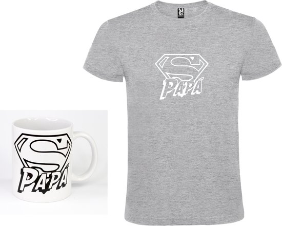 Grijs T-Shirt met Bijpassende Koffiemok “Super Papa “ Afbeelding Wit Size S