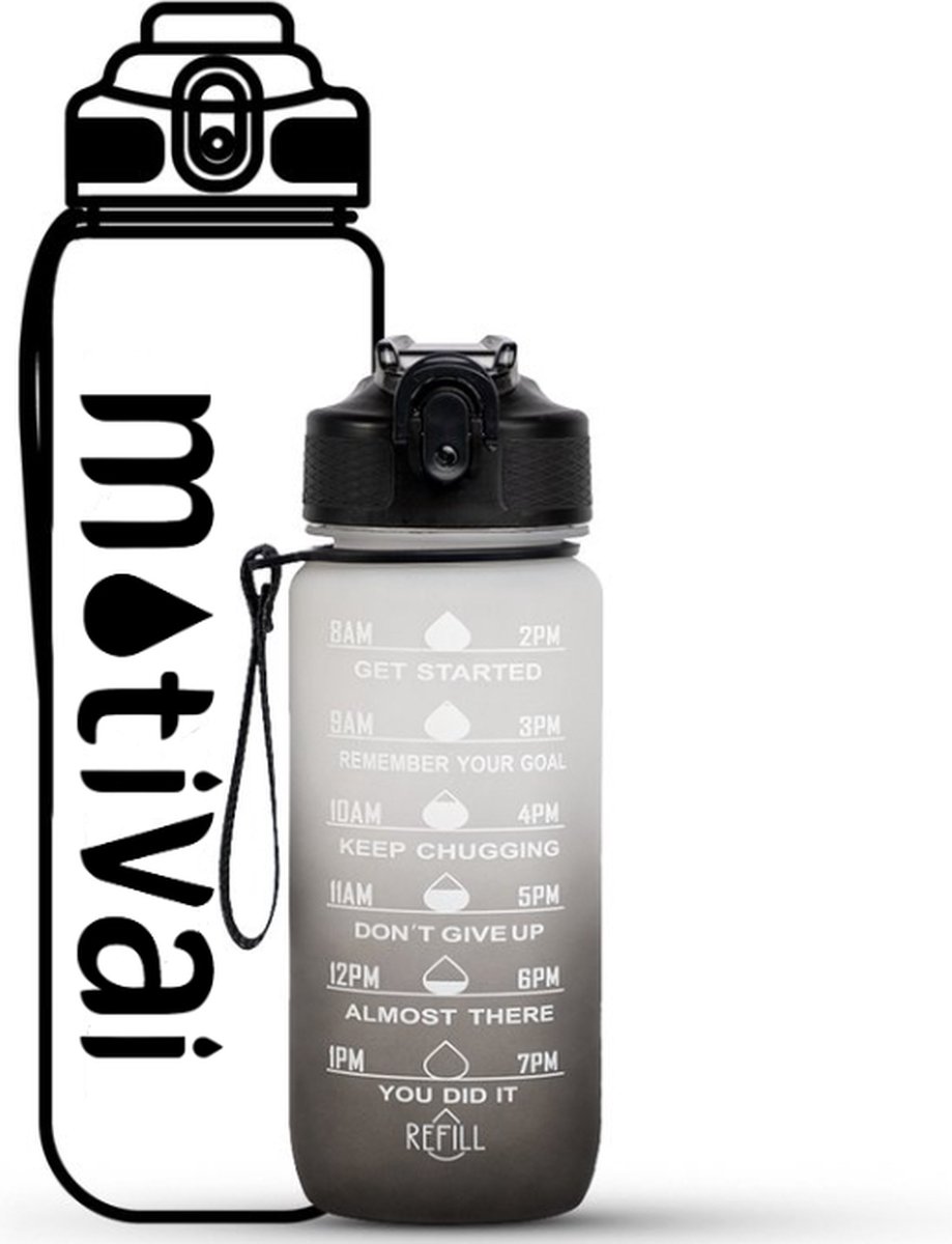 Motivatie Waterfles - Wit/Zwart - 600ML Drinkfles - Motivatiefles - Waterfles met Rietje - Waterfles met tijdmarkering - BPA Vrij - Volwassenen - Kinderen