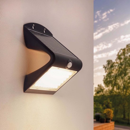 Ledvion Moderne Solar Wandlamp op Zonne-energie met Bewegingssensor, Zwart, 4W, 3000K, IP65Waterproof & 220 Lumen, Bewegingsdetectie & Schemerschakelaar, Energiezuinig & Weerbestendig