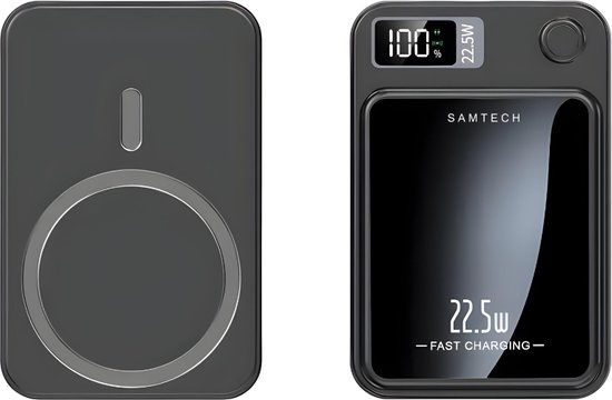SAMTECH Magsafe Powerbank 5.000 mAh Led Display- Magnetisch - USB-C 22,5W Fastcharge - USB-A 3.0 Power Delivery - geschikt voor Laptop, Apple Iphone, Samsung en meer - Zwart