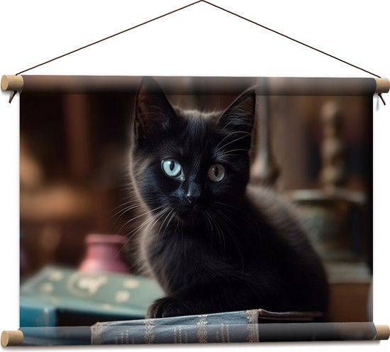 Textielposter - Kitten - Dier - Tafel - Boeken - Zwart - 60x40 cm Foto op Textiel