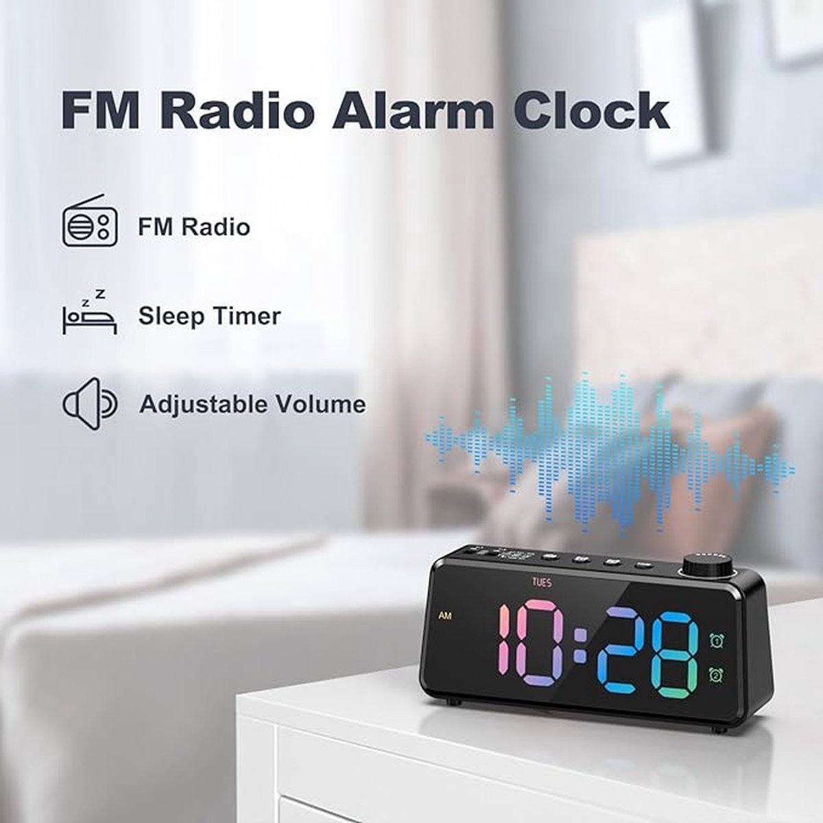 Digitale Radiowekker Voor De Slaapkamer, 1,95 M Groot Kleurendisplay Voor Kinderen En Tieners 2 Wekkers Met Weekdagen Weekend 0 100 Dimbare Helderheid Nachtkastje Met Usb Oplader
