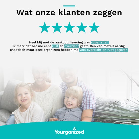 Photo de famille avec une note de cinq étoiles et le texte 'Ce que disent nos clients'.