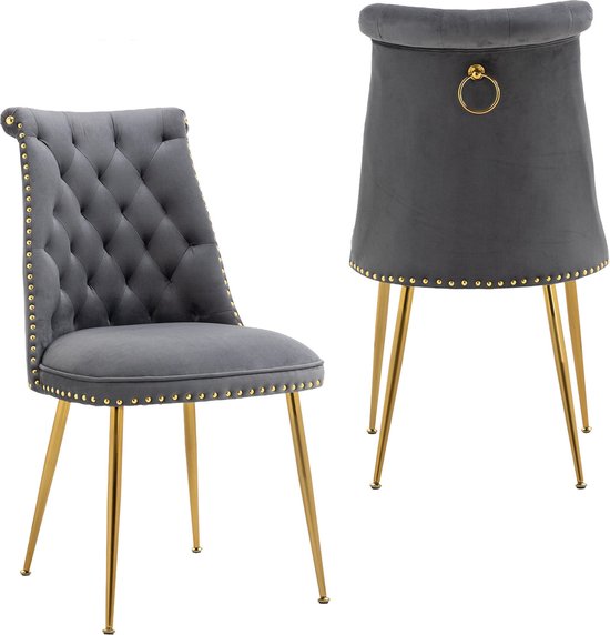 Merax Set van 2 Eetkamerstoelen - Velvet Stoelen - Grijs met Goud