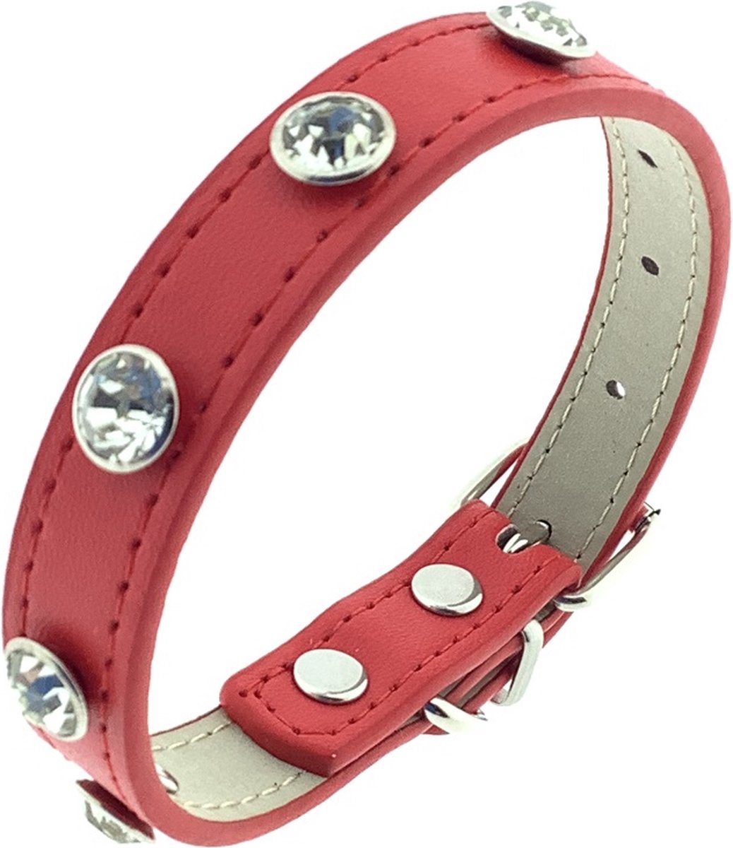 Honden halsband - Kleine honden - Leder - Rood - Met zirkonia stenen - Instelbaar van 19cm t/m 26,5cm - Let op: Meet eerst de hals van uw huisdier voordat u besteld !