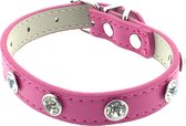 Honden halsband - Kleine honden - Leder - Roze - Met zirkonia stenen - Instelbaar van 19cm t/m 26,5cm - Let op: Meet eerst de hals van uw huisdier voordat u besteld !