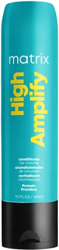 Flacon de revitalisant Matrix High Amplify turquoise avec texte jaune. For Volume, Protein.