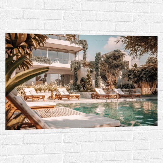 Muursticker - Hotel - Zwembad - Luxe - Lounge - Tropisch - Planten - 105x70 cm Foto op Muursticker