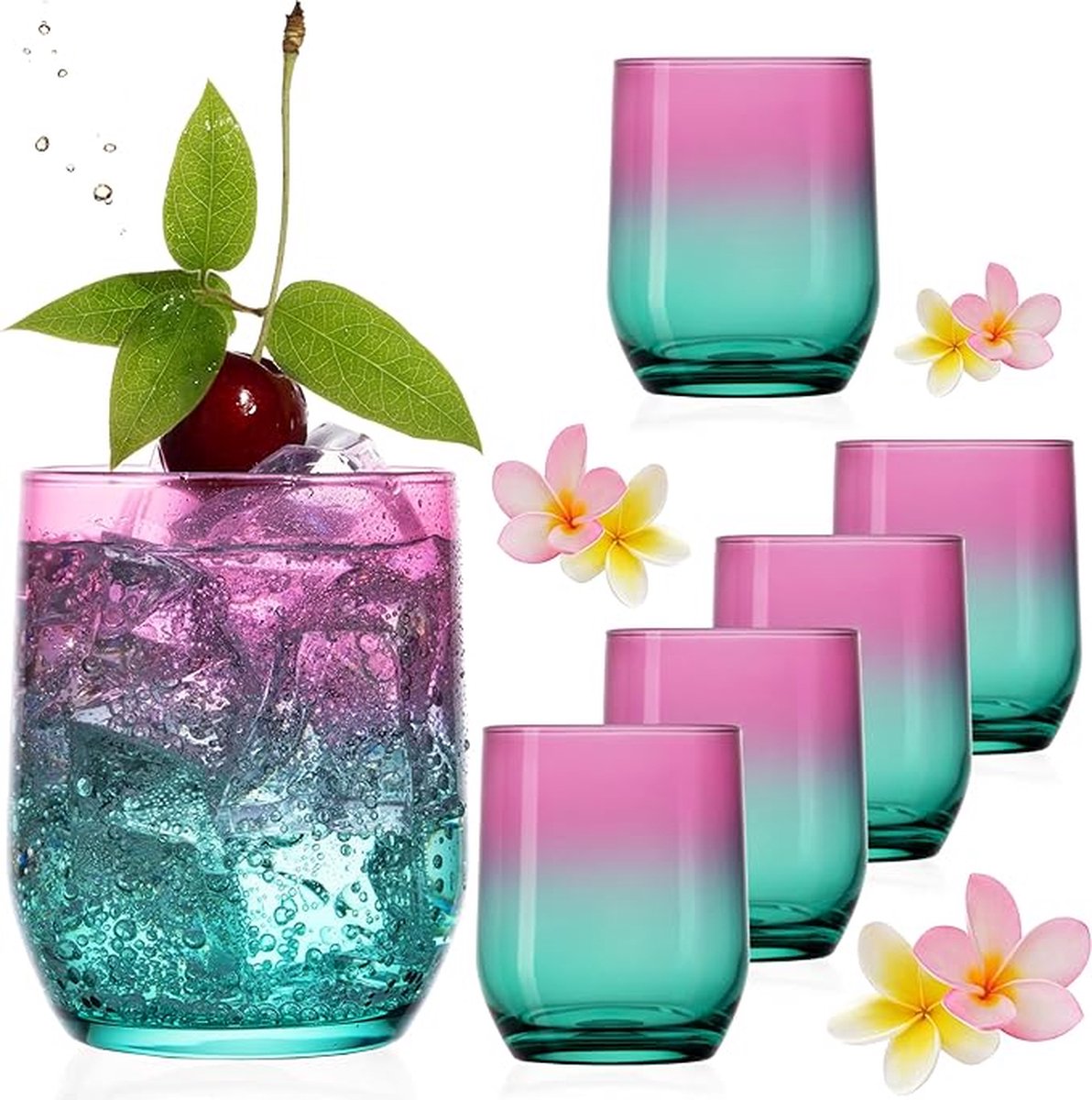 SHOP YOLO-Drinkglazen-turquoise van glas-kleurrijk-200 ml max. 320 ml-set van 6 waterglazen-sapglazen