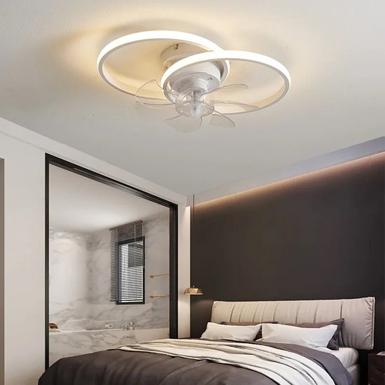 LuxiLamps - Lampe ventilateur 2 Bagues - Ventilateur de plafond - Wit - Lampe Smart - Avec variateur - Ventilateur 6 modes - Lampe de Cuisine - Lampe de salon - Lampe moderne