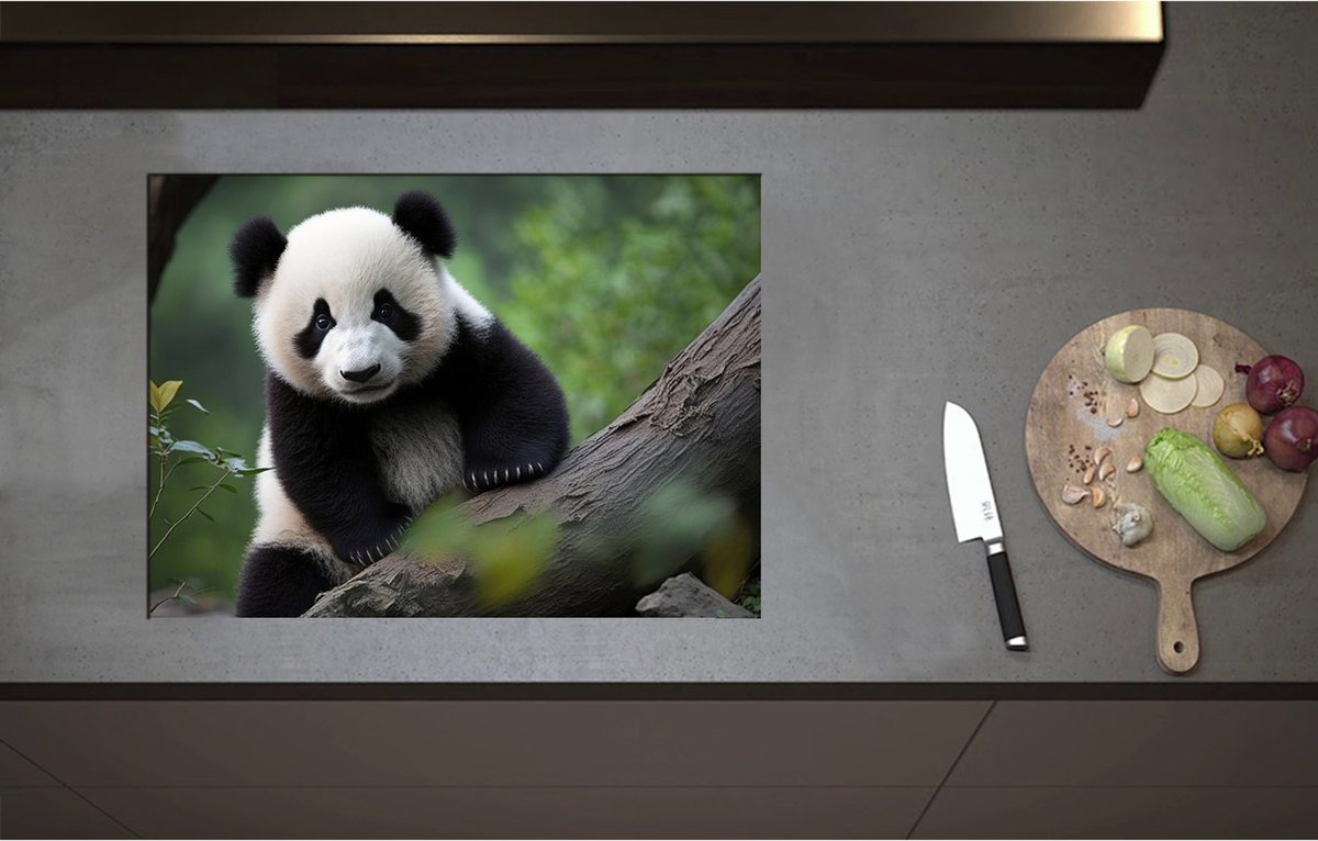 Inductieplaat Beschermer - Aankijkende Panda op Boomstam in het Bos - 70x51 cm - 2 mm Dik - Inductie Beschermer - Bescherming Inductiekookplaat - Kookplaat Beschermer van Zwart Vinyl
