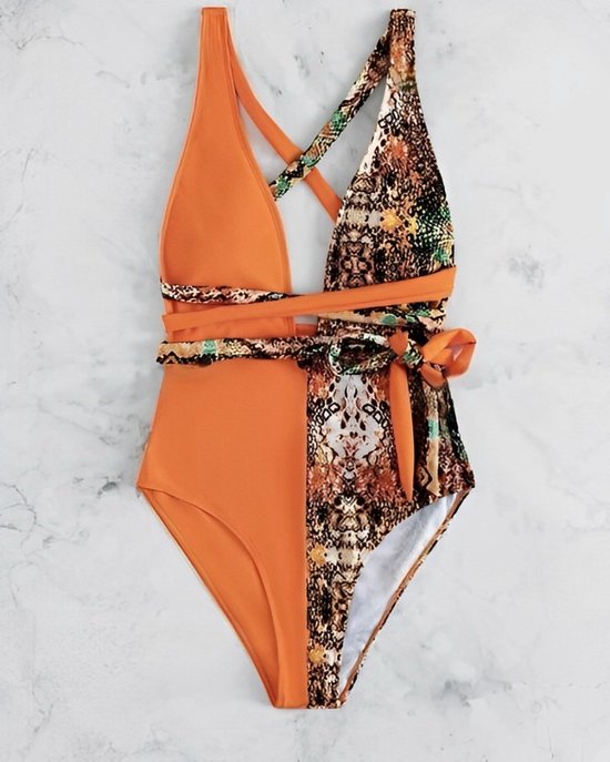 Maillot de bain Oranje | bikini pour femme | Bikini Oranje à motif peau de serpent | Look exotique | Bikini élégant | 1 pièce | Taille M
