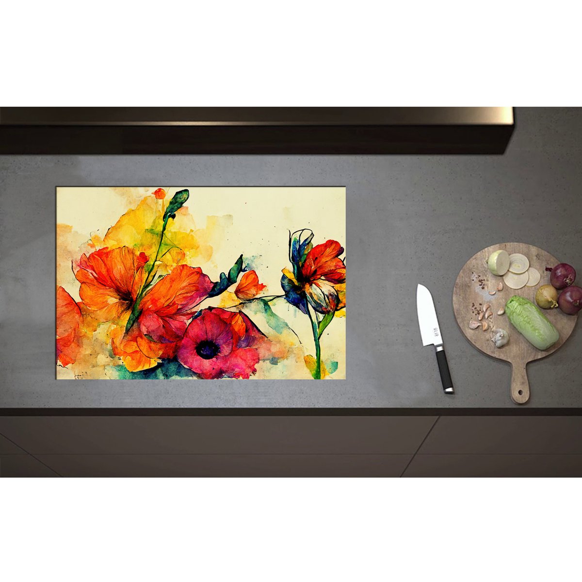 Inductieplaat Beschermer - Abstracte Bloemen in Verschillende Kleuren van Waterverf - 75x50 cm - 2 mm Dik - Inductie Beschermer - Bescherming Inductiekookplaat - Kookplaat Beschermer van Wit Vinyl