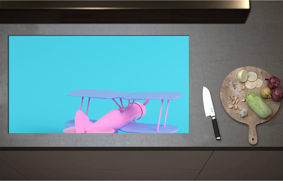 Inductieplaat Beschermer - Achteraanzicht van Roze Zweefvliegtuig tegen Felblauwe Achtergrond - 95x52 cm - 2 mm Dik - Inductie Beschermer - Bescherming Inductiekookplaat - Kookplaat Beschermer van Wit Vinyl