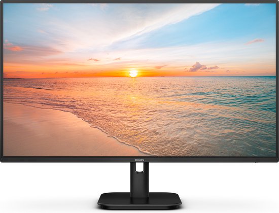 Zwarte Philips monitor met een tropische zonsondergang op het scherm en een vierkante standaard.