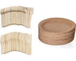 300 x x Houten wegwerp bestek set eco/milieubewust - 100 Vorken 16cm/ 100 messen 16cm/100 borden 23cm- Duurzaam