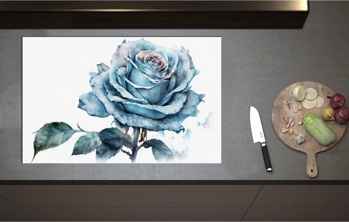 Inductieplaat Beschermer - Aquarel Verf Tekening van Blauwe Roos met Groene Bladeren - 85x55 cm - 2 mm Dik - Inductie Beschermer - Bescherming Inductiekookplaat - Kookplaat Beschermer van Wit Vinyl