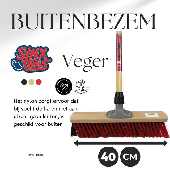 Synx Tools X Bezem 40cm Rood/Zwart- Straatbezem / Stadsbezem - Schrobborstels - Veger - Stadsbezem - Bezem - Buitenbezem - Tuinartikelen - Met 150cm steel van Synx Tools — afbeelding 2