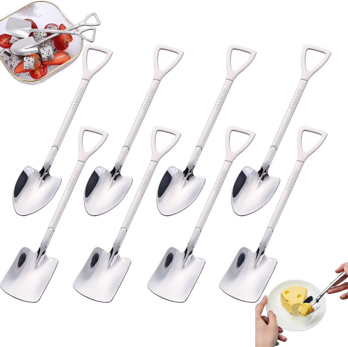 8 stuks 304 roestvrijstalen spadelepels schepvormige creatieve schepnet rode lepel koffielepel watermeloenlepel melkthee koffie suikerlepel ijsdessertlepel (zilver)