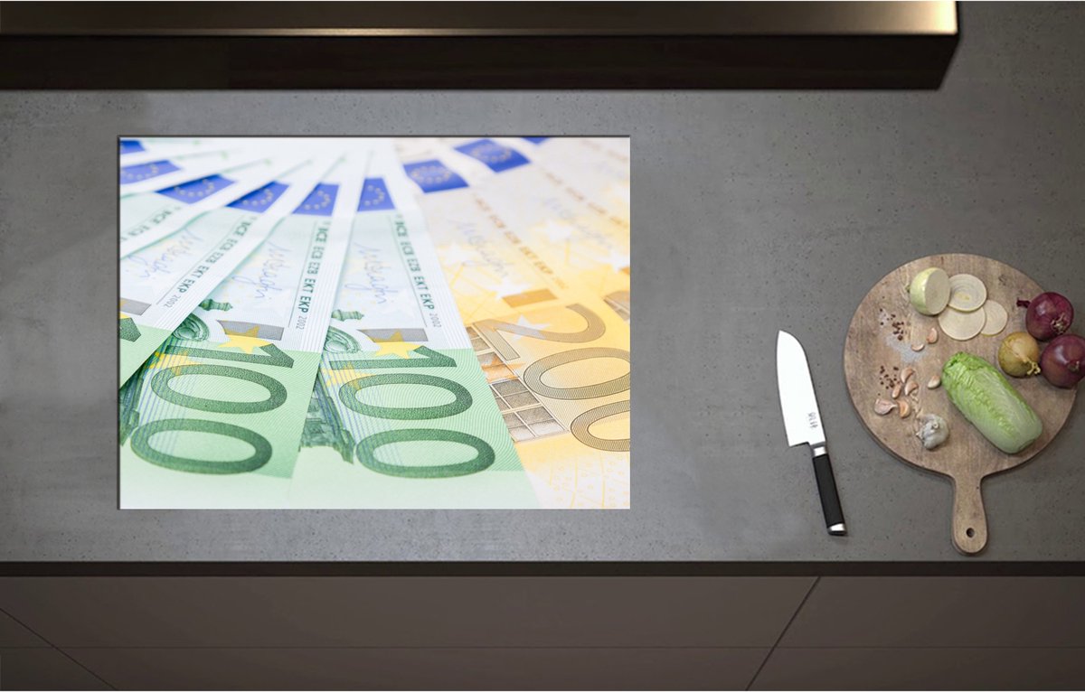 Inductieplaat Beschermer - 100 en 200 Euro Biljetten in Cirkel - 71x52 cm - 2 mm Dik - Inductie Beschermer - Bescherming Inductiekookplaat - Kookplaat Beschermer van Wit Vinyl