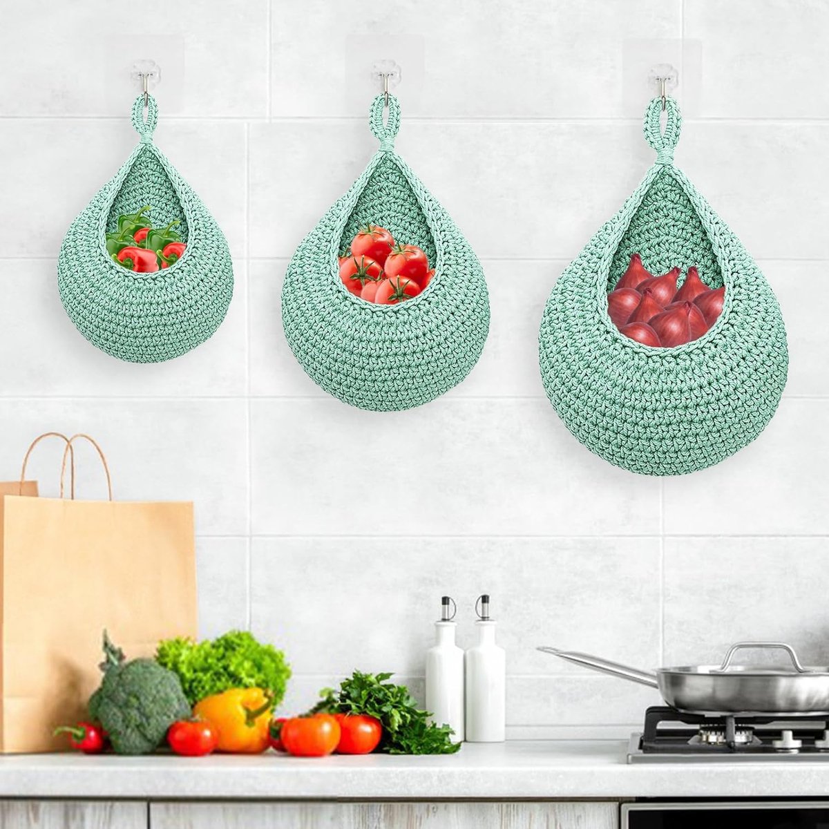 Panier Suspendu En Osier Fait Main - Pour Rangement Ail, Gingembre, Fruits, Décoration Murale Rustique (taille M, Beige)
