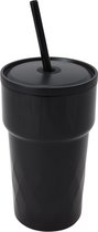 Tasse Thermos noire avec paille ! - Fabriqué en acier inoxydable - Antirouille - Convient pour le thé, le café et les boissons froides - Capacité de 460 ml - Design noir contemporain
