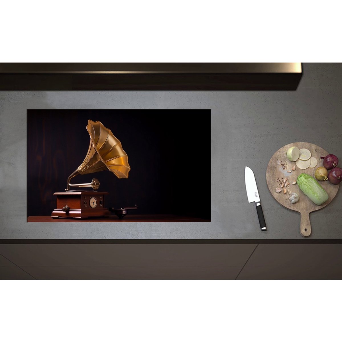 Inductieplaat Beschermer - Antieke Grammofoon - 80x50 cm - 2 mm Dik - Inductie Beschermer - Bescherming Inductiekookplaat - Kookplaat Beschermer van Wit Vinyl