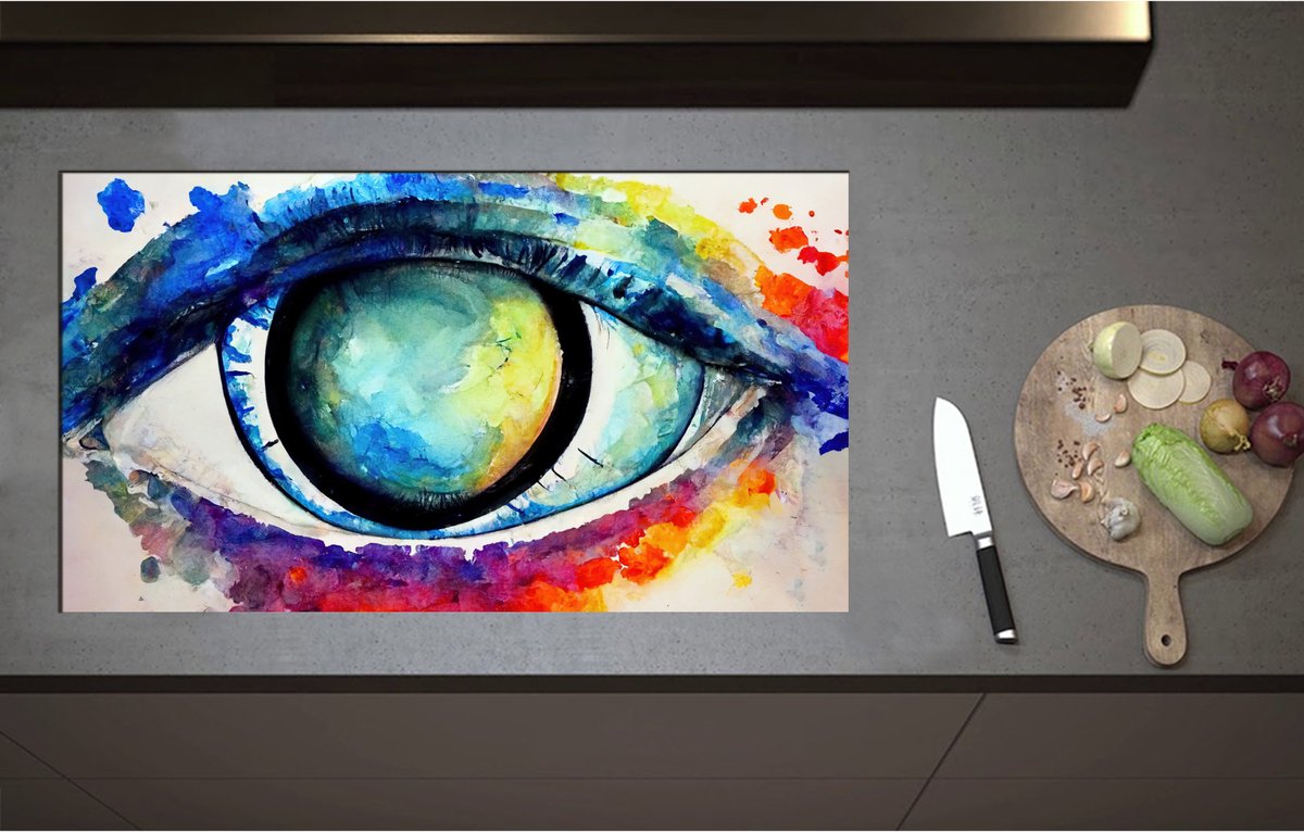 Inductieplaat Beschermer - Abstract Schilderij van Kleurrijk Oog - 90x51 cm - 2 mm Dik - Inductie Beschermer - Bescherming Inductiekookplaat - Kookplaat Beschermer van Wit Vinyl