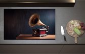 Inductieplaat Beschermer - Antieke Grammofoon op Kast - 90x55 cm - 2 mm Dik - Inductie Beschermer - Bescherming Inductiekookplaat - Kookplaat Beschermer van Zwart Vinyl