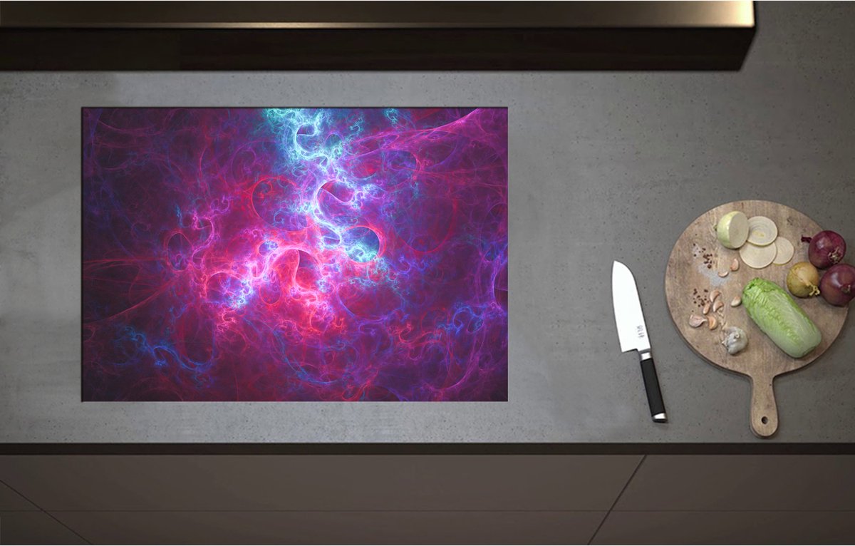 Inductieplaat Beschermer - Abstracte Vormen en Figuren in Paars met Blauwe Kleuren - 75x52 cm - 2 mm Dik - Inductie Beschermer - Bescherming Inductiekookplaat - Kookplaat Beschermer van Wit Vinyl