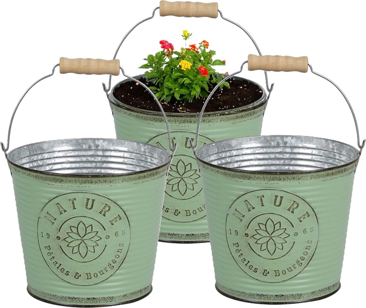 Goedkoopste Sunnydays Emmer/plantenpot/bloempot - 3x - zink - jadegroen - D23 x H22 cm