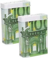 Boîte à cigarettes ou petite boîte de rangement - 2x - métal - impression billet de 100 euros - avec couvercle - 7 x 9,5 x 2,5 cm
