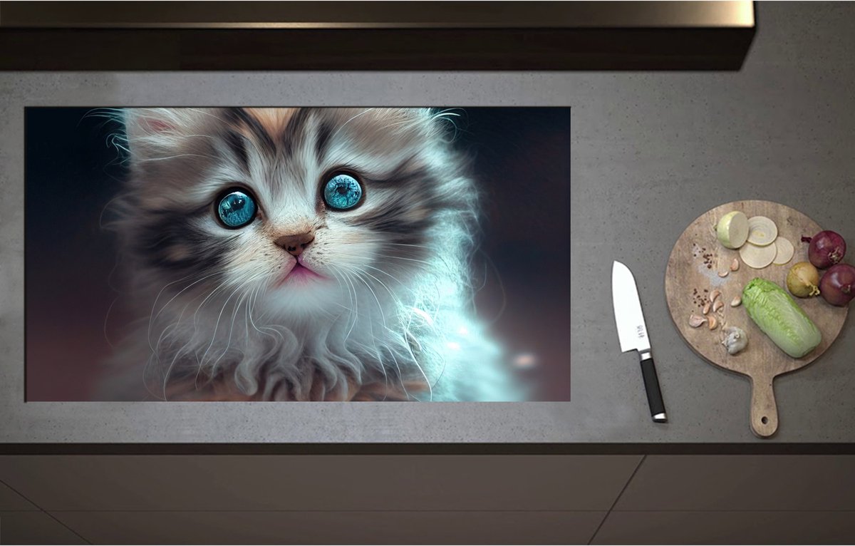 Inductieplaat Beschermer - Aandoenlijke Kitten met Helder Blauwe Magische Ogen - 95x52 cm - 2 mm Dik - Inductie Beschermer - Bescherming Inductiekookplaat - Kookplaat Beschermer van Zwart Vinyl