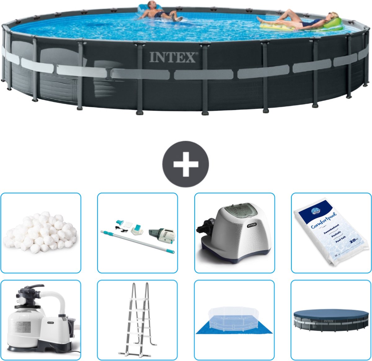 Intex Rond Ultra XTR Frame Zwembad - 732 x 132 cm - Inclusief Pomp - Ladder - Grondzeil - Afdekzeil Filterbollen - Stofzuiger - Zoutwatersysteem - Zwembadzout