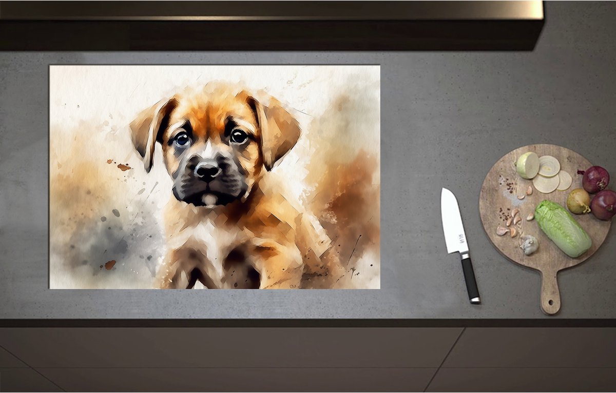 Inductieplaat Beschermer - Aquarel Tekening van Bruine Puppy - 80x55 cm - 2 mm Dik - Inductie Beschermer - Bescherming Inductiekookplaat - Kookplaat Beschermer van Zwart Vinyl