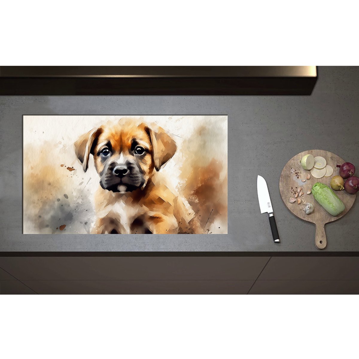 Inductieplaat Beschermer - Aquarel Tekening van Bruine Puppy - 85x50 cm - 2 mm Dik - Inductie Beschermer - Bescherming Inductiekookplaat - Kookplaat Beschermer van Zwart Vinyl