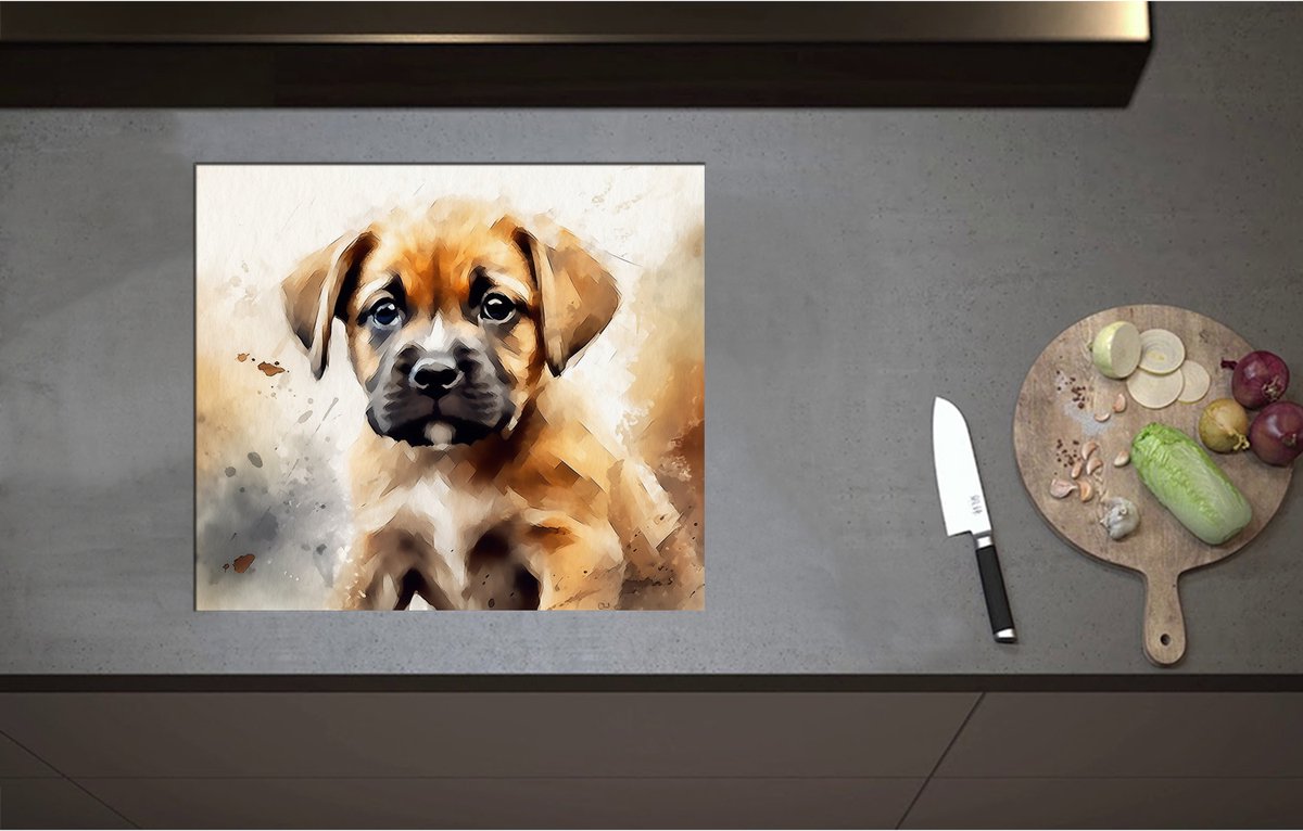 Inductieplaat Beschermer - Aquarel Tekening van Bruine Puppy - 59x52 cm - 2 mm Dik - Inductie Beschermer - Bescherming Inductiekookplaat - Kookplaat Beschermer van Wit Vinyl