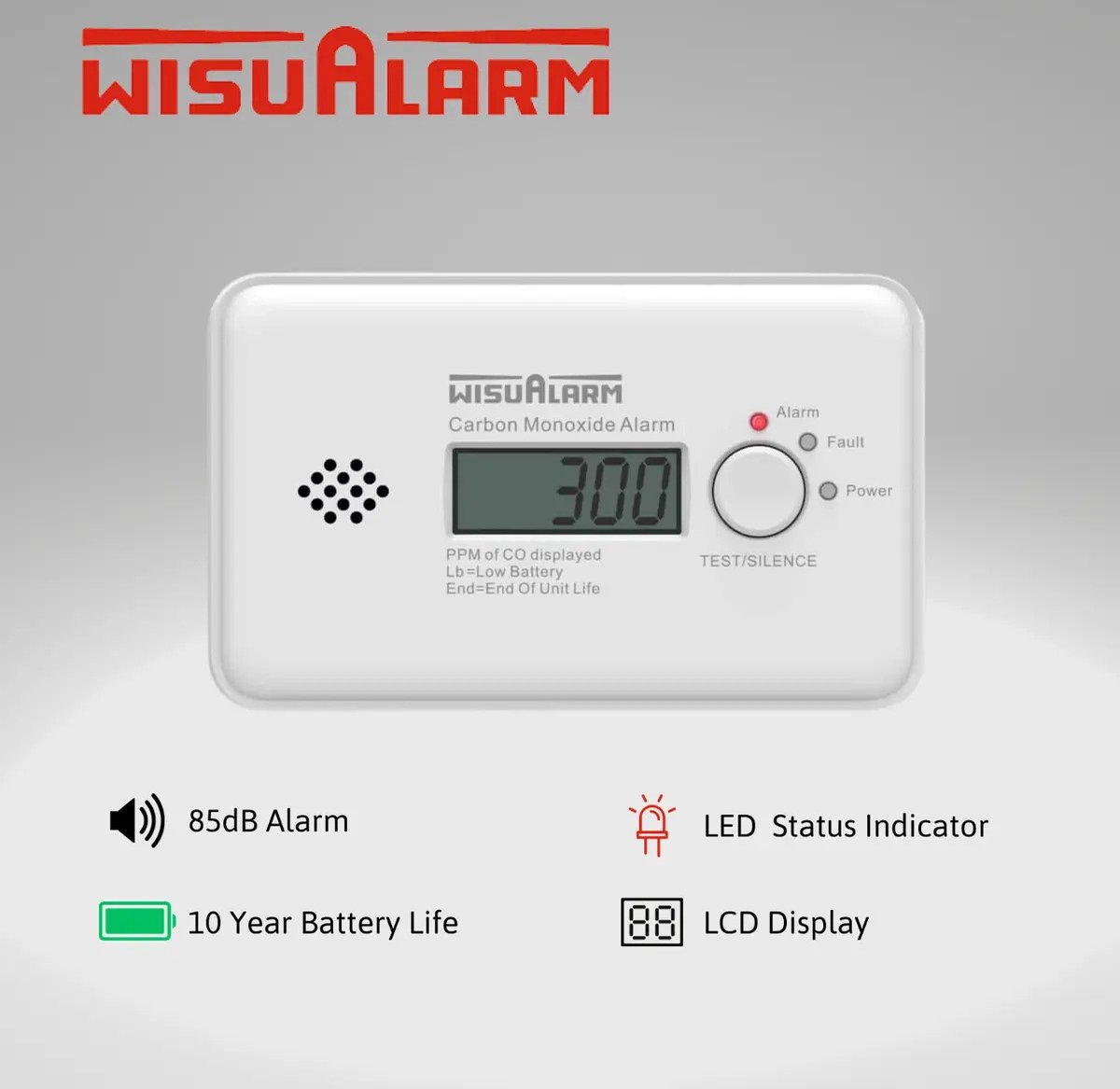 Wisualarm HY-GC20B Koolmonoxidemelder Incl. batterij (10 jaar) werkt op batterijen Detectie van Koolmonoxide