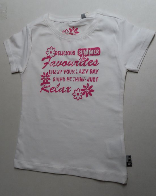 T shirt met korte mouwen - Meisjes- Wit met roze tekst - 4 / 5 jaar - 104 / 110