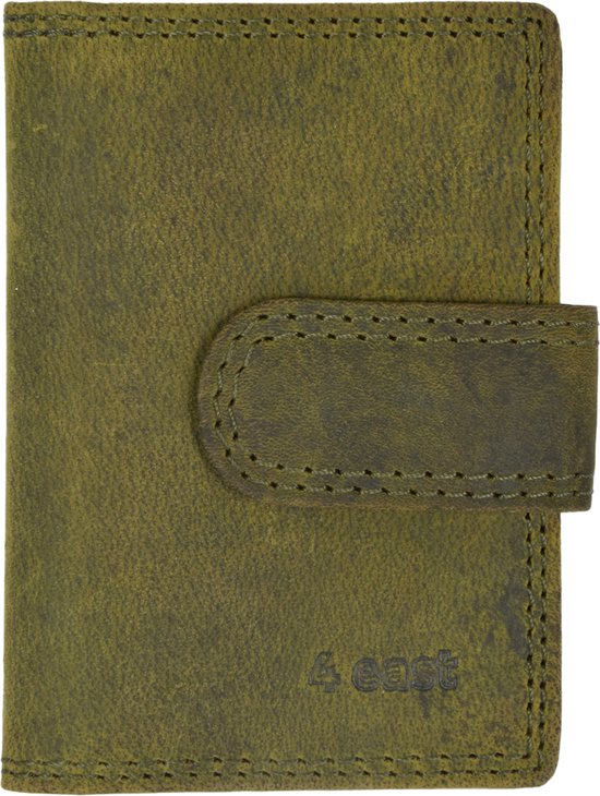 4East Pasjehouder voor Dames en Heren - 14 Creditcardpasjes - Olive - Echt Lederen Portemonnee met RFID - 7x1,5x10cm