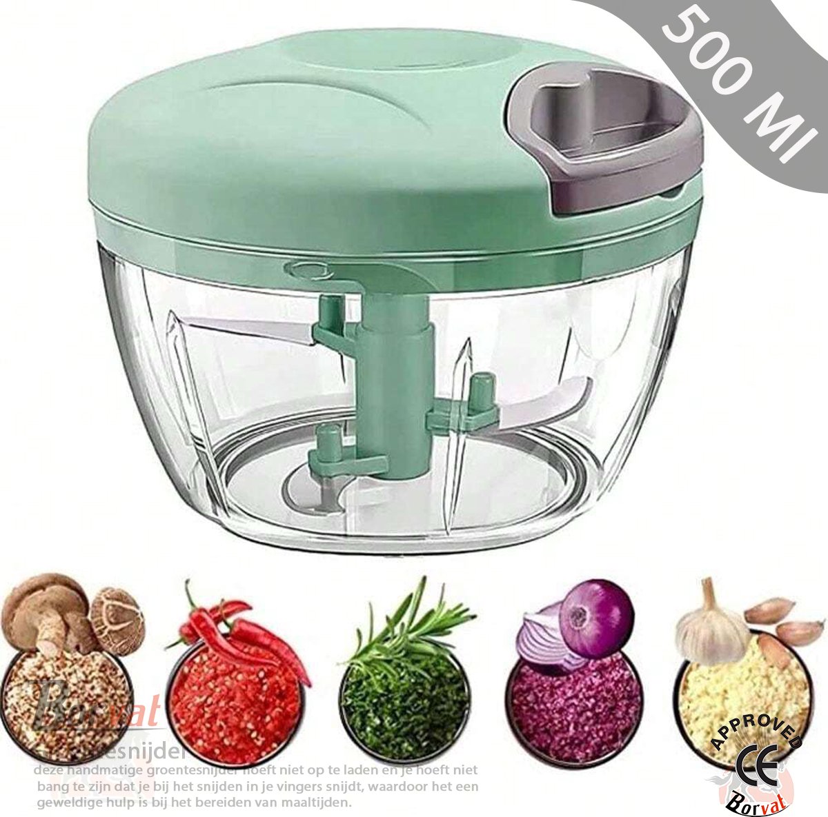 Borvat® Uiensnijder - handmatig - groentesnijder met roestvrijstalen messen - extra 1 mixer - uien hakmolen - multihakmolen met trekkoord - 5 seconden hakken en mengen (Groen - 500 ml)