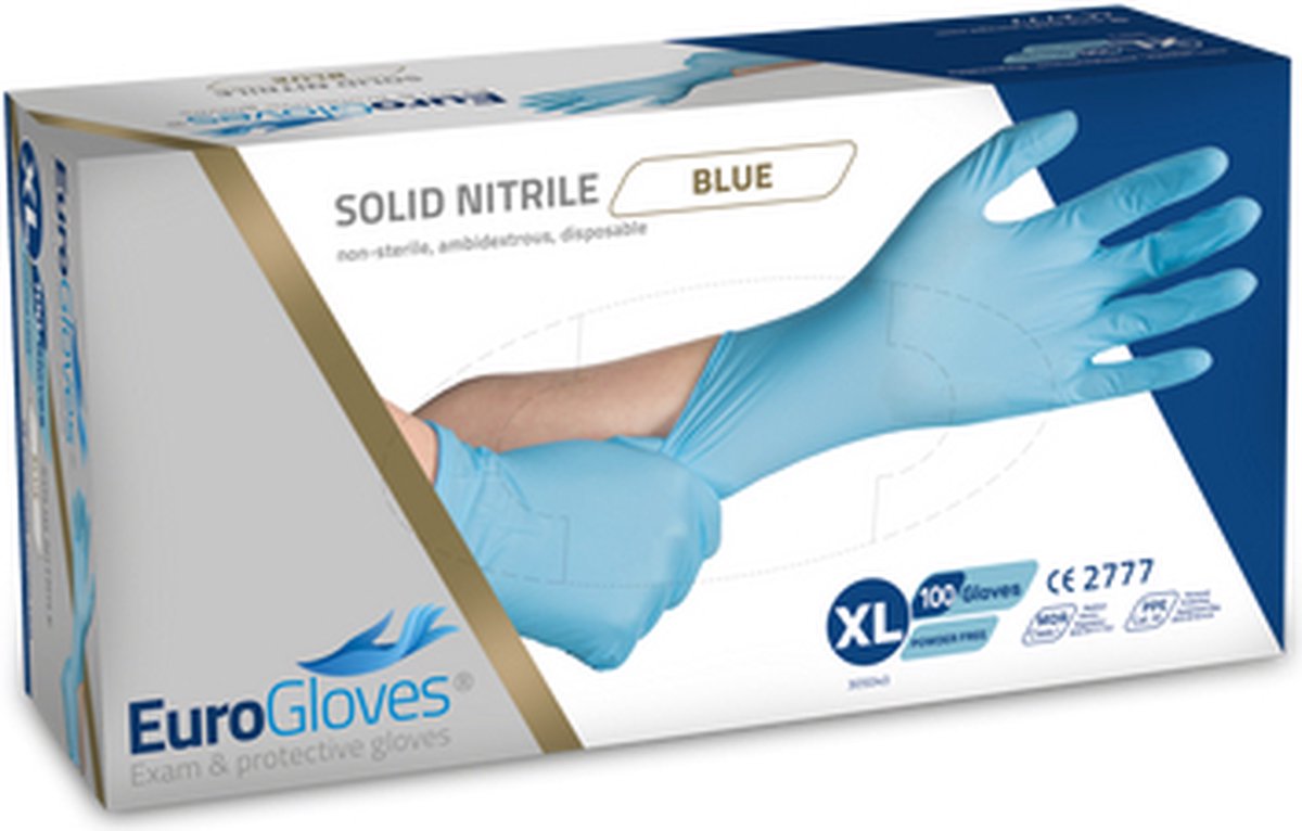 Goedkoopste Eurogloves handschoenen solid-nitrile poedervrij blauw - XL- 3 x 100 stuks voordeelverpakking