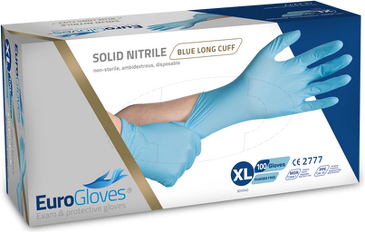 Goedkoopste Eurogloves handschoenen solid-nitrile 300mm poedervrij blauw - XL- 2 x 100 stuks voordeelverpakking
