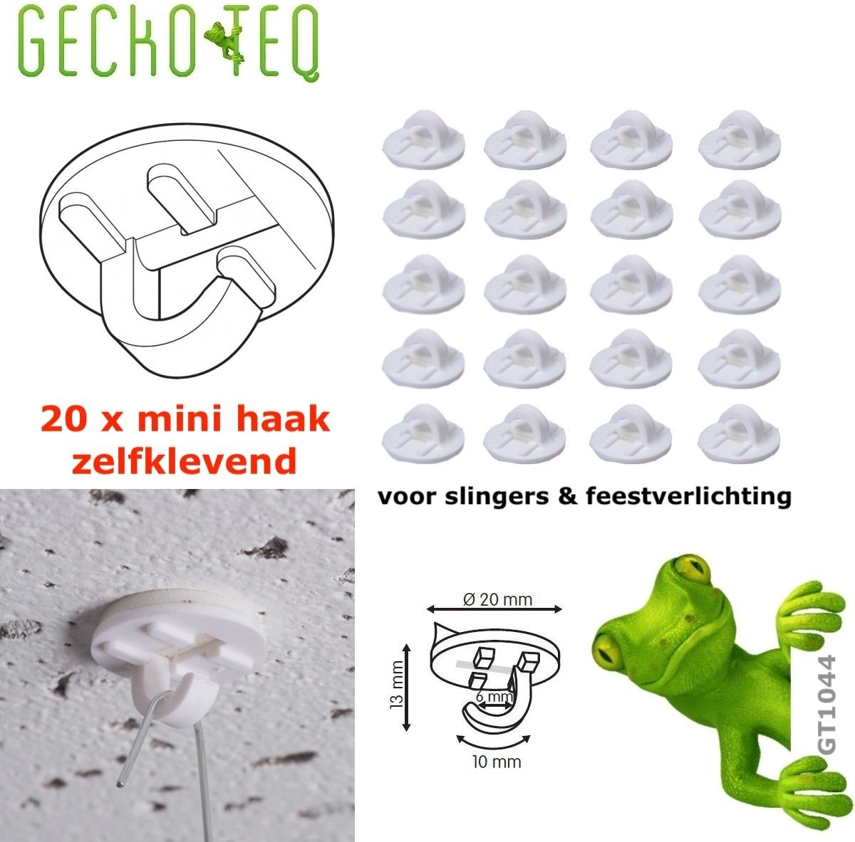 GT1044 GeckoTeq 20 stuks zelfklevend mini plafond haak-systeemplafond-ophangen