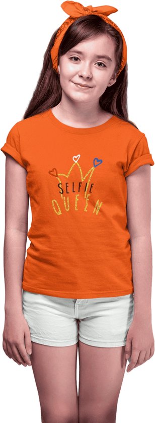 T-shirt Selfie Queen met glitters | Koningsdag Kleding Kinderen | Oranje | maat 158