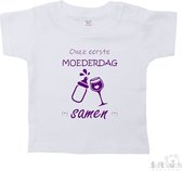 Soft Touch T-shirt Shirtje Korte mouw "Onze eerste moederdag samen!" Unisex Katoen Wit/paars Maat 62/68