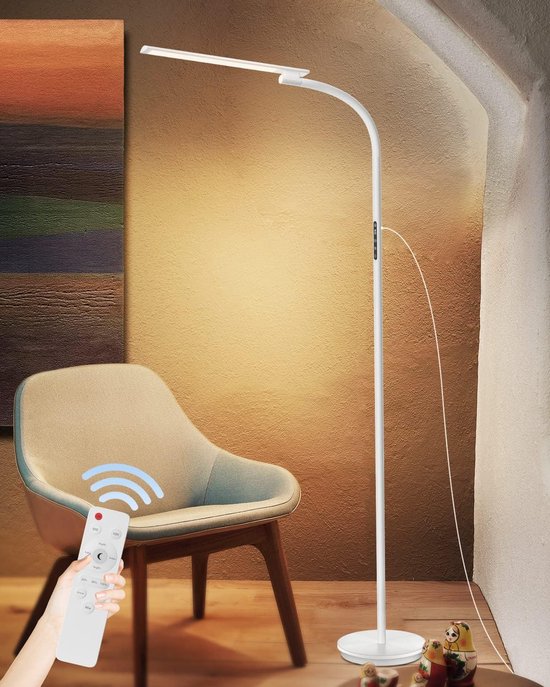 FUNTAPHANTA Lampadaire LED, lampadaire de lecture avec télécommande et commande tactile pour salon, chambre, bureau avec 4 températures de couleur et 4 niveaux de luminosité, minuterie et fonction mémoire blanc